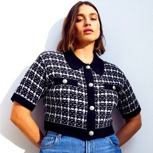 NWT H&M Black and White Cropped Short Sleeve Cardigan with Collar